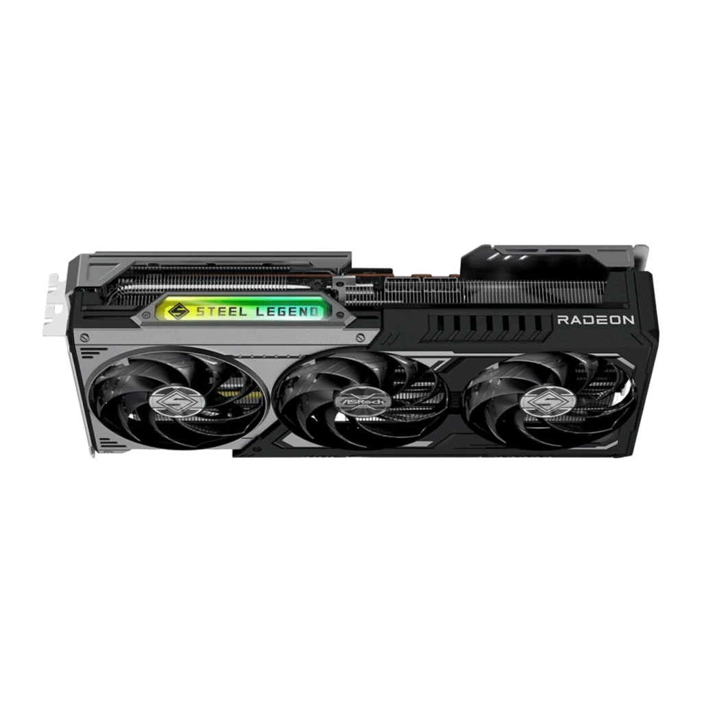 ASRock Radeon RX 9070 GRE Steel Legend OC 12GB, vista frontal en ángulo: tres ventiladores, iluminación RGB verde en shroud - Ítem3