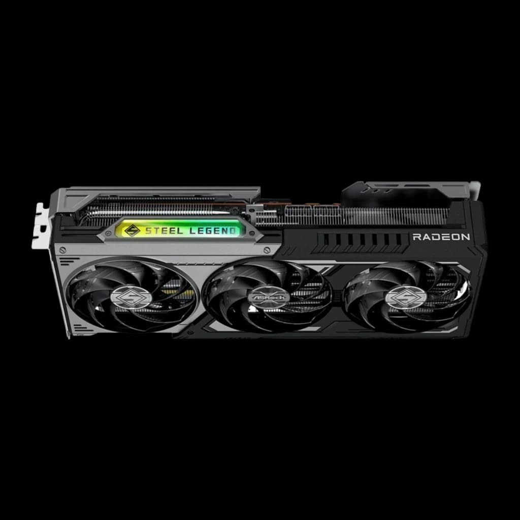 ASRock Radeon RX 9070 GRE Steel Legend OC 12GB, vista lateral superior: tres ventiladores y barra RGB Steel Legend iluminada