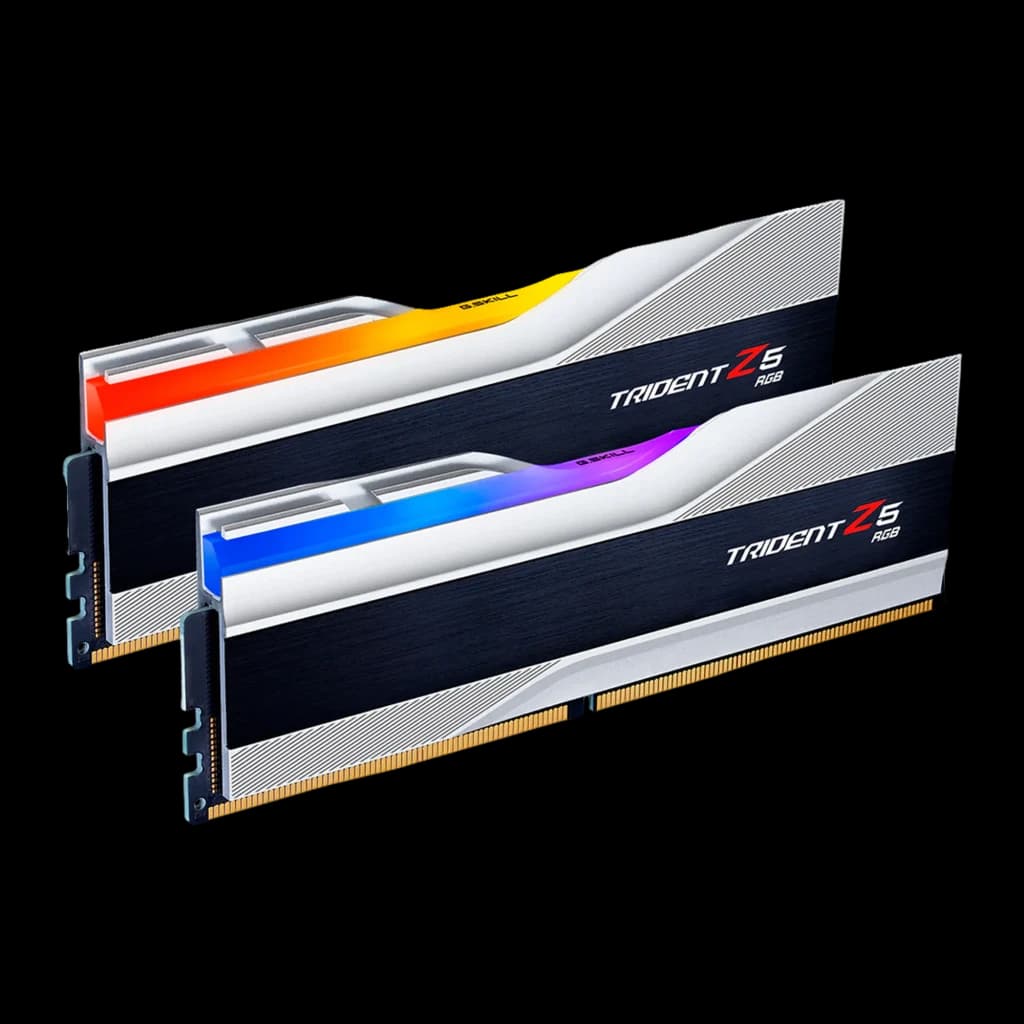 G.Skill Trident Z5 RGB 32GB DDR5 6000MHz argent, vue avant: kit 2 modules avec éclairage RGB multicolore et dissipateur