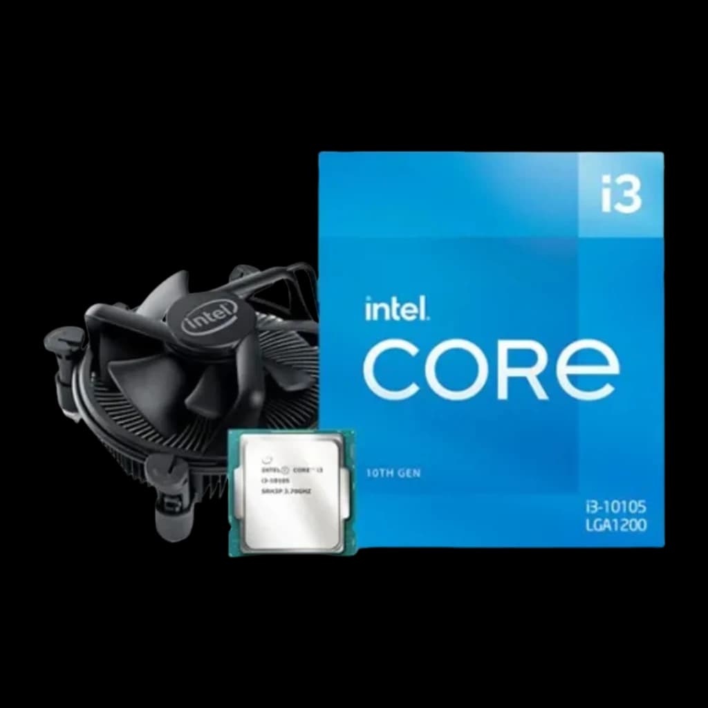 Intel Core i3-10105 3,7 GHz LGA 1200, ensemble latéral: boîte bleue avec référence LGA1200, ventirad et puce visibles