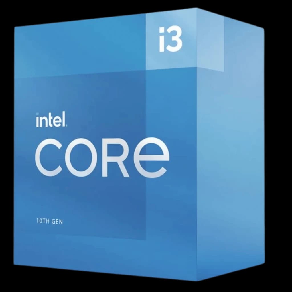 Boîte bleue Intel Core i3 10e génération avec logo i3 en coin, design épuré en dégradés bleus, mention 10th Gen et marquage core bien visible