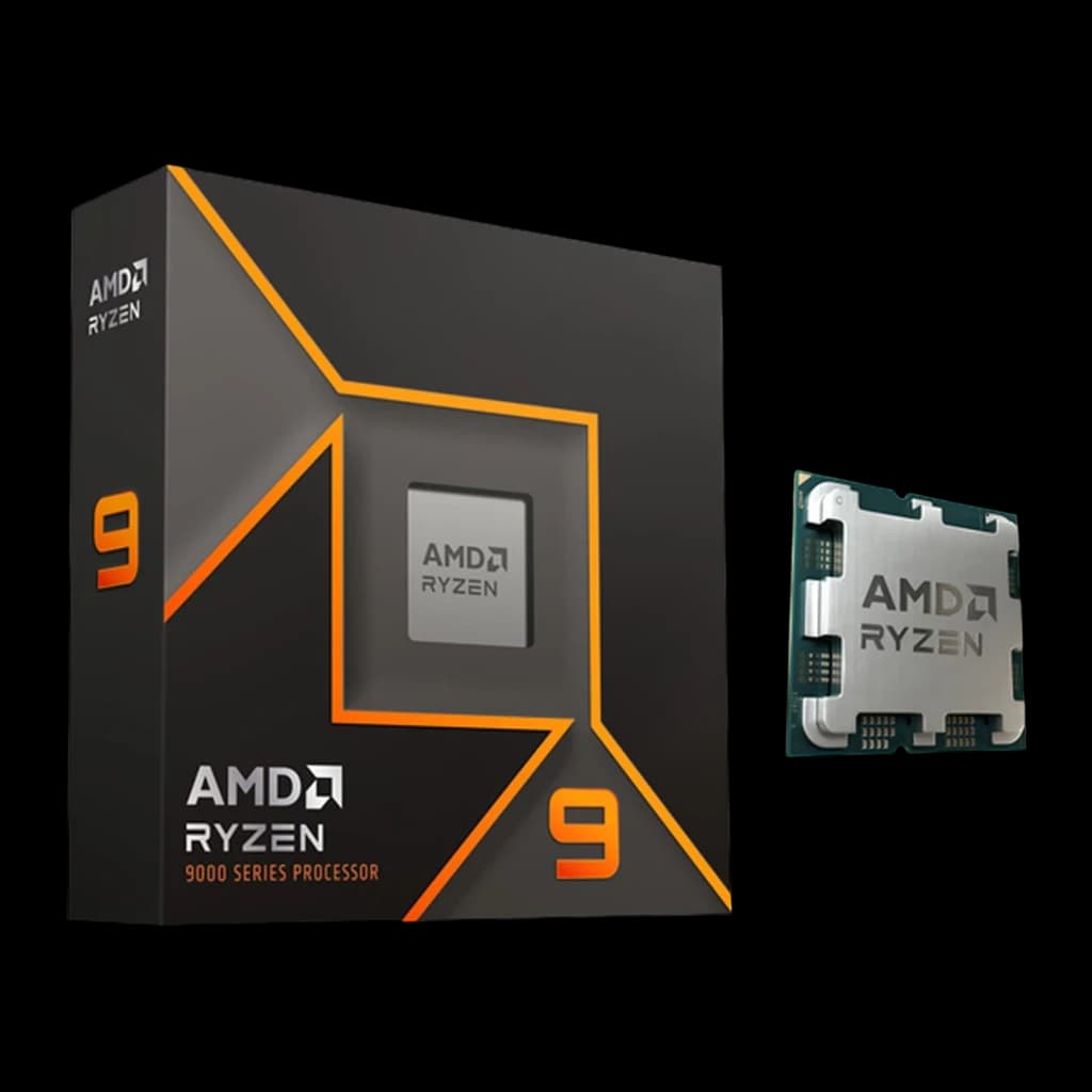 AMD Ryzen 9 9900X, vista principal: caja negra con líneas naranjas junto al procesador AM5 con contactos dorados
