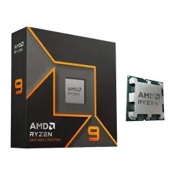 AMD Ryzen 9 9900X, vista principal: caja negra con líneas naranjas junto al procesador AM5 con contactos dorados