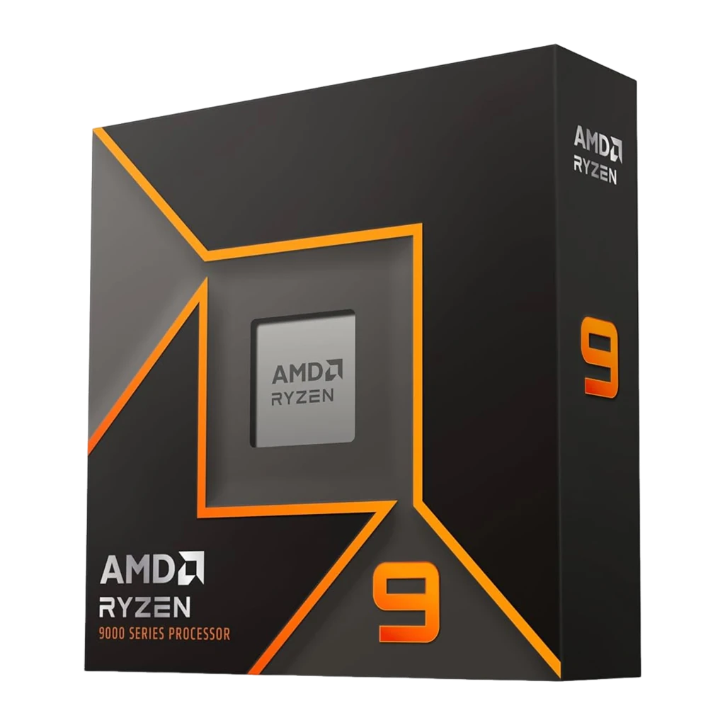 AMD Ryzen 9 9900X, vue principale: boîte noire avec lignes orange à côté du processeur AM5 avec contacts dorés - Ítem1