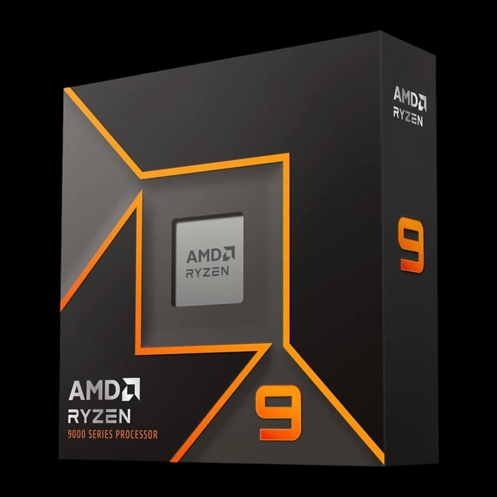 AMD Ryzen 9 9900X, vista en ángulo: caja negra con diseño naranja en tres cuartos, lateral con número 9 visible