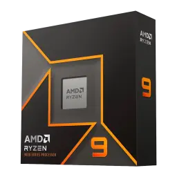 AMD Ryzen 9 9900X, vista en ángulo: caja negra con diseño naranja en tres cuartos, lateral con número 9 visible