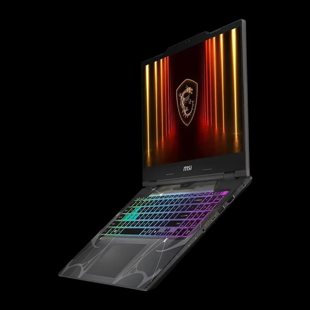 MSI Cyborg 15 B2RWFKG 512GB negro translúcido, vista lateral: teclado RGB, chasis translúcido y pantalla con logo dragón