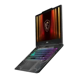 MSI Cyborg 15 B2RWFKG 512GB negro translúcido, vista lateral: teclado RGB, chasis translúcido y pantalla con logo dragón