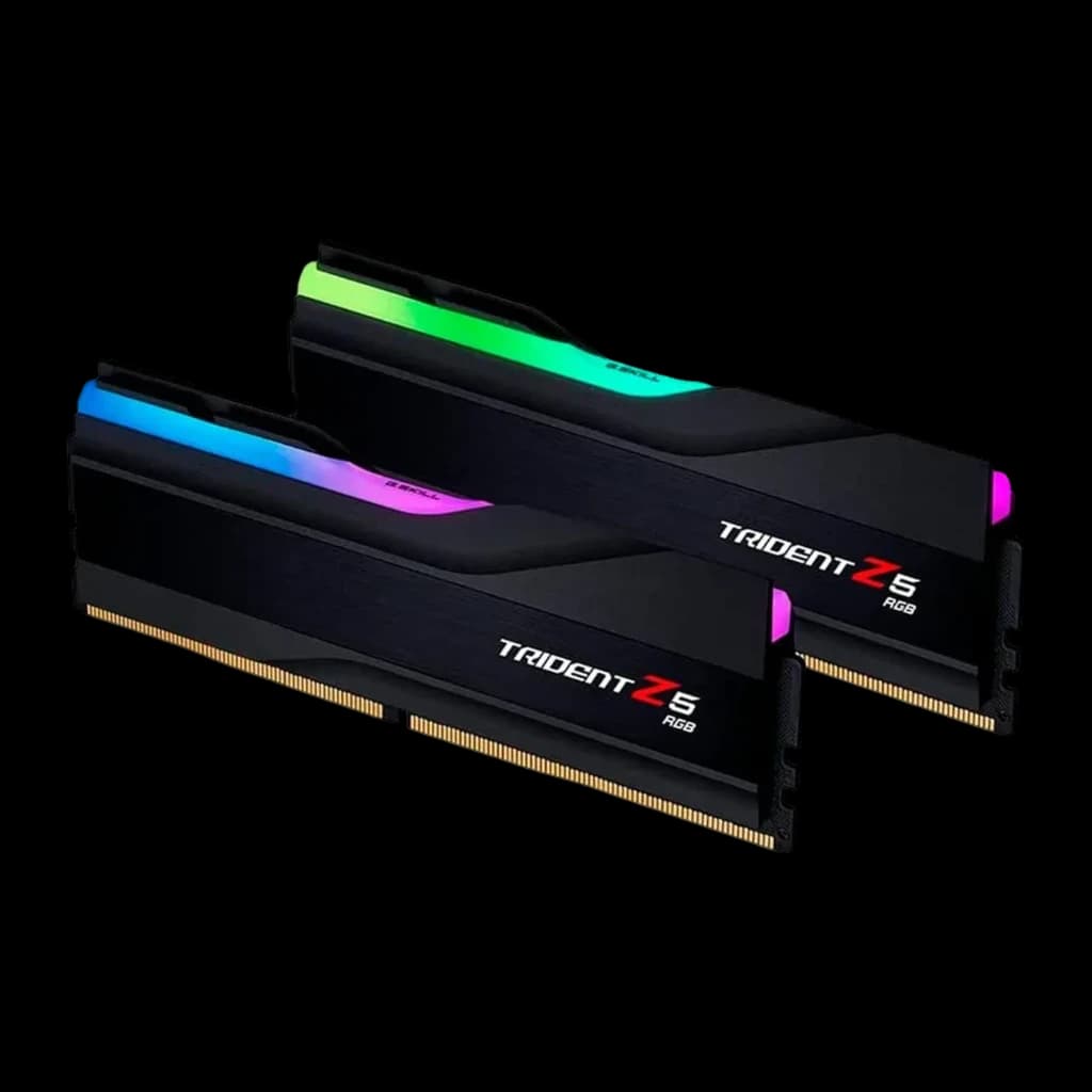 G.Skill Trident Z5 RGB DDR5 6000MHz 64GB negro, vista principal: dos módulos en ángulo, tira RGB multicolor en la parte