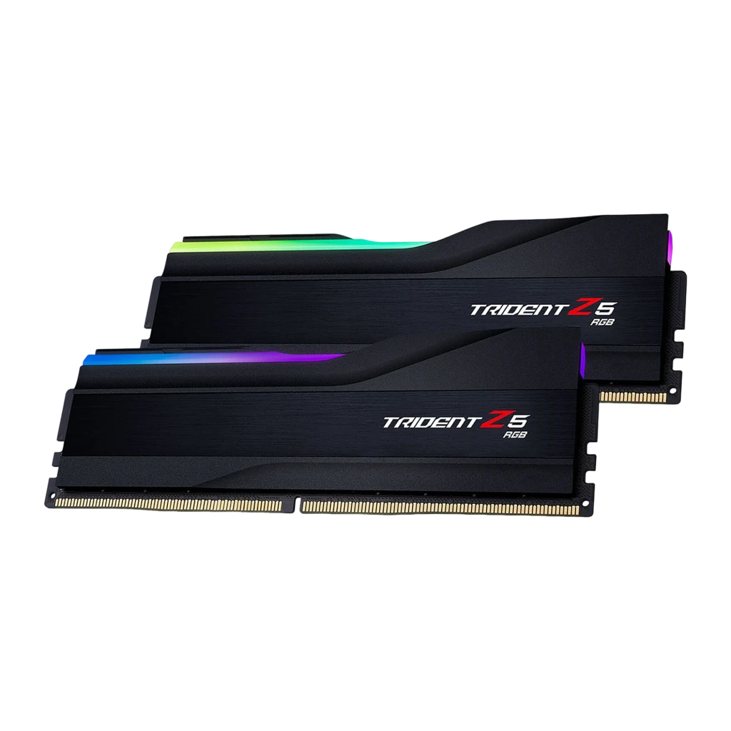 G.Skill Trident Z5 RGB DDR5 6000MHz 64GB noir, vue principale: deux modules en angle, bande RGB multicolore en haut - Ítem1