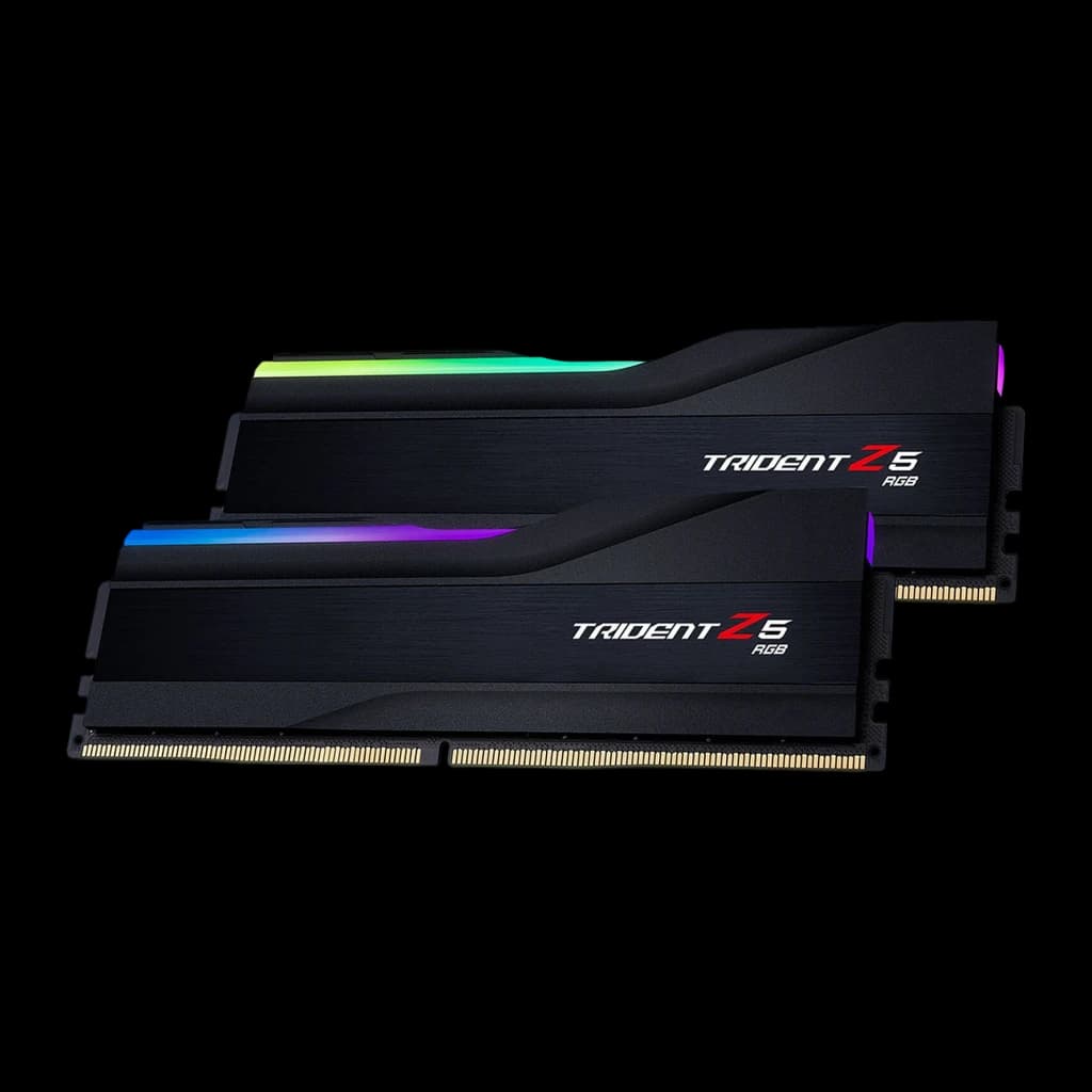 G.Skill Trident Z5 RGB DDR5 6000MHz 64GB negro, vista lateral: dos módulos escalonados, disipador cepillado y tira RGB