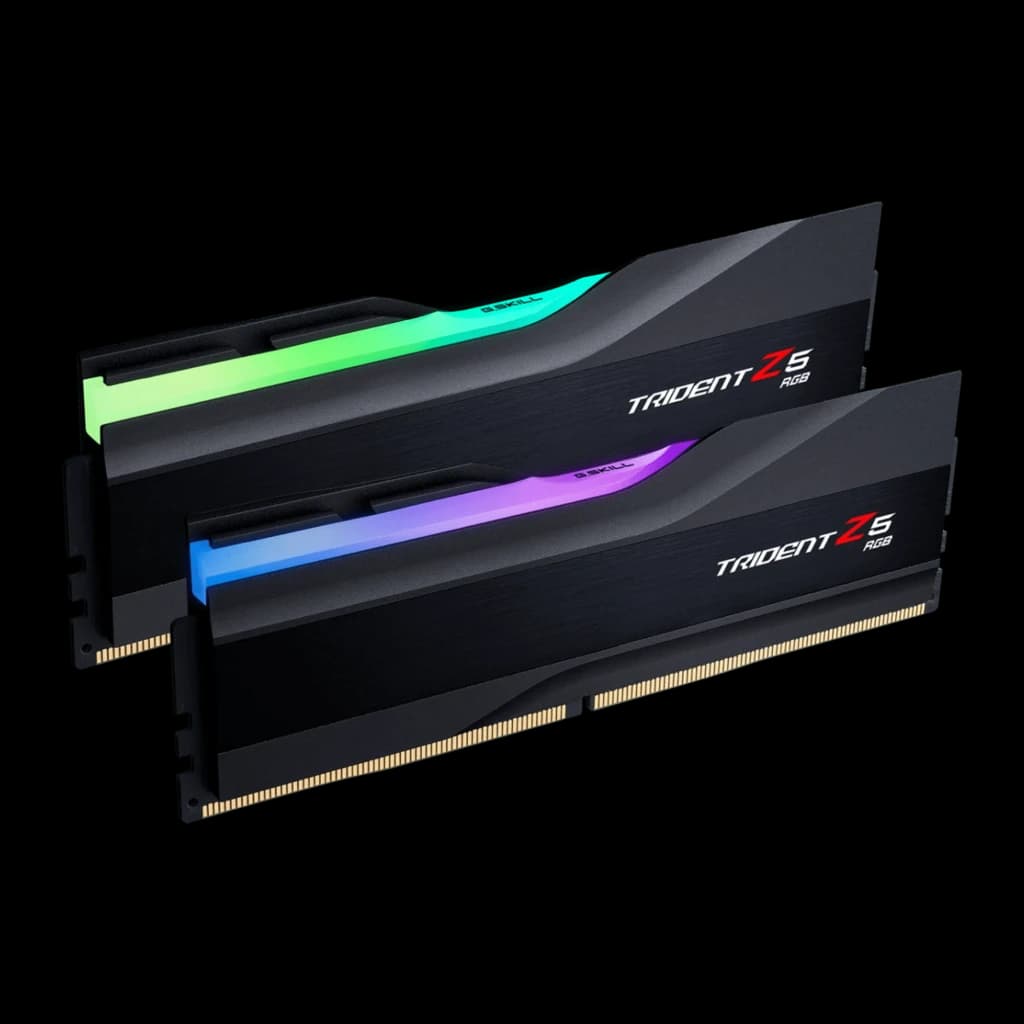 G.Skill Trident Z5 RGB DDR5 6000MHz 64GB negro, vista frontal: dos módulos separados, tira RGB con degradado verde-azul-rosa
