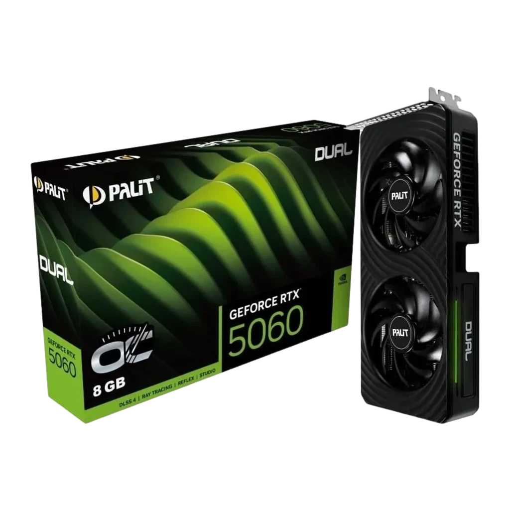 Palit GeForce RTX 5060 Dual OC 8GB preto, vista frontal: dois ventiladores com logo Palit e shroud com textura ondulada - Item3