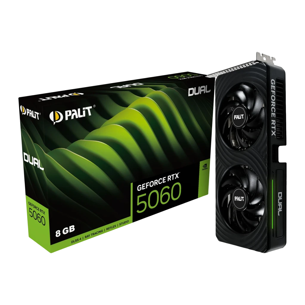 Palit GeForce RTX 5060 Dual OC 8GB preto, vista frontal: dois ventiladores com logo Palit e shroud com textura ondulada - Item4