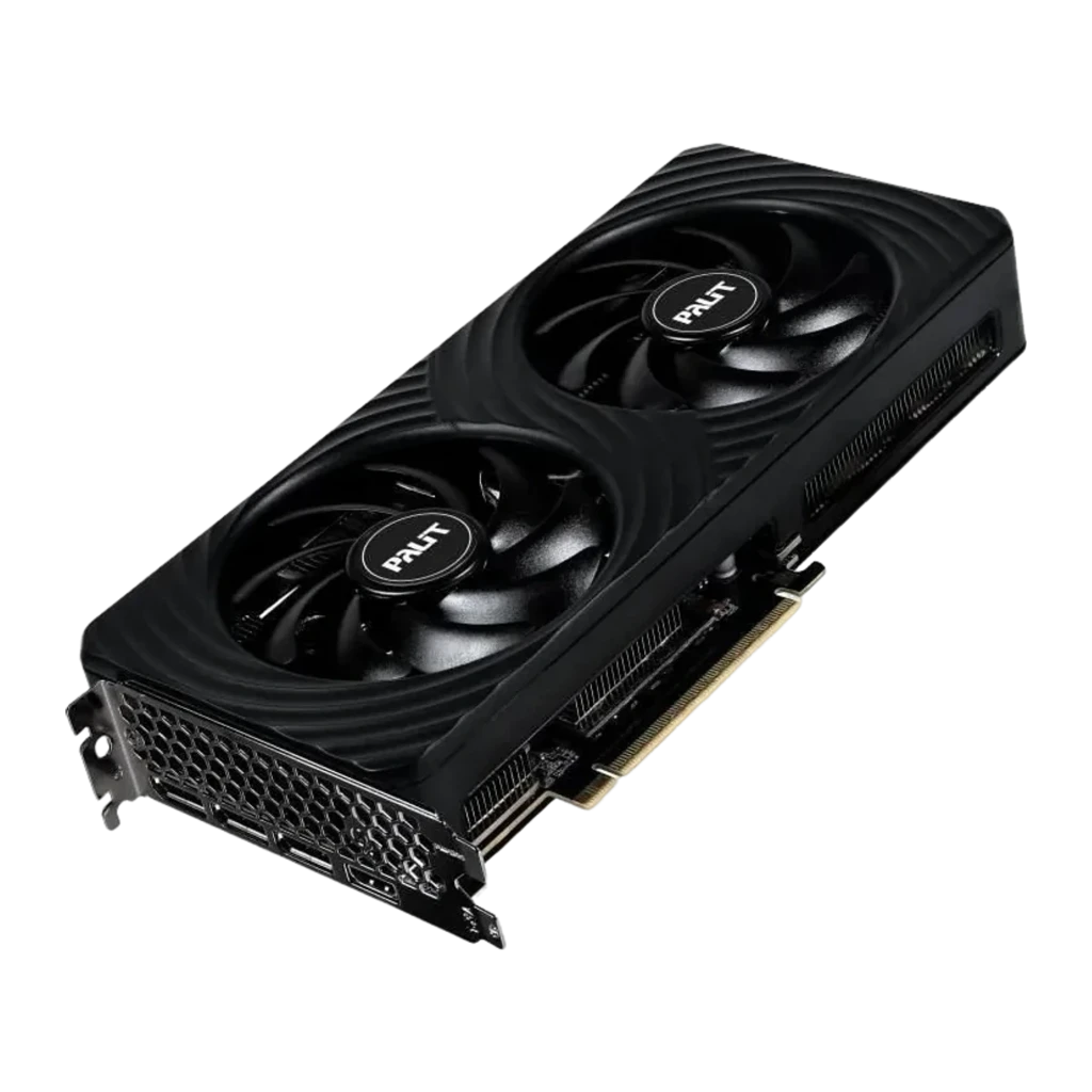 Palit GeForce RTX 5060 Dual OC 8GB preto, vista frontal: dois ventiladores com logo Palit e shroud com textura ondulada - Item2
