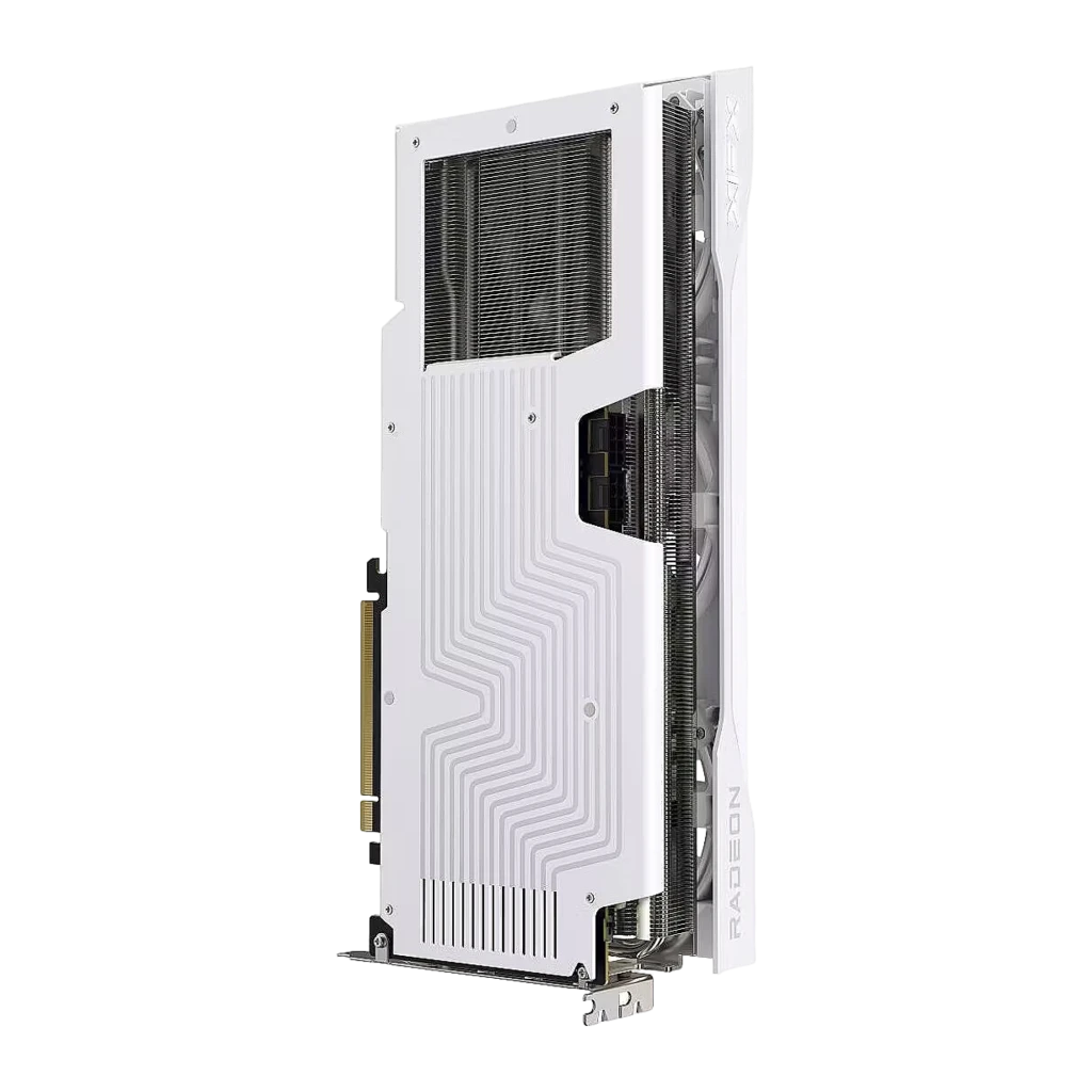 XFX Swift Radeon RX 9070 XT 16GB blanco, vista frontal: tres ventiladores con logo X y conector PCIe dorado - Ítem1