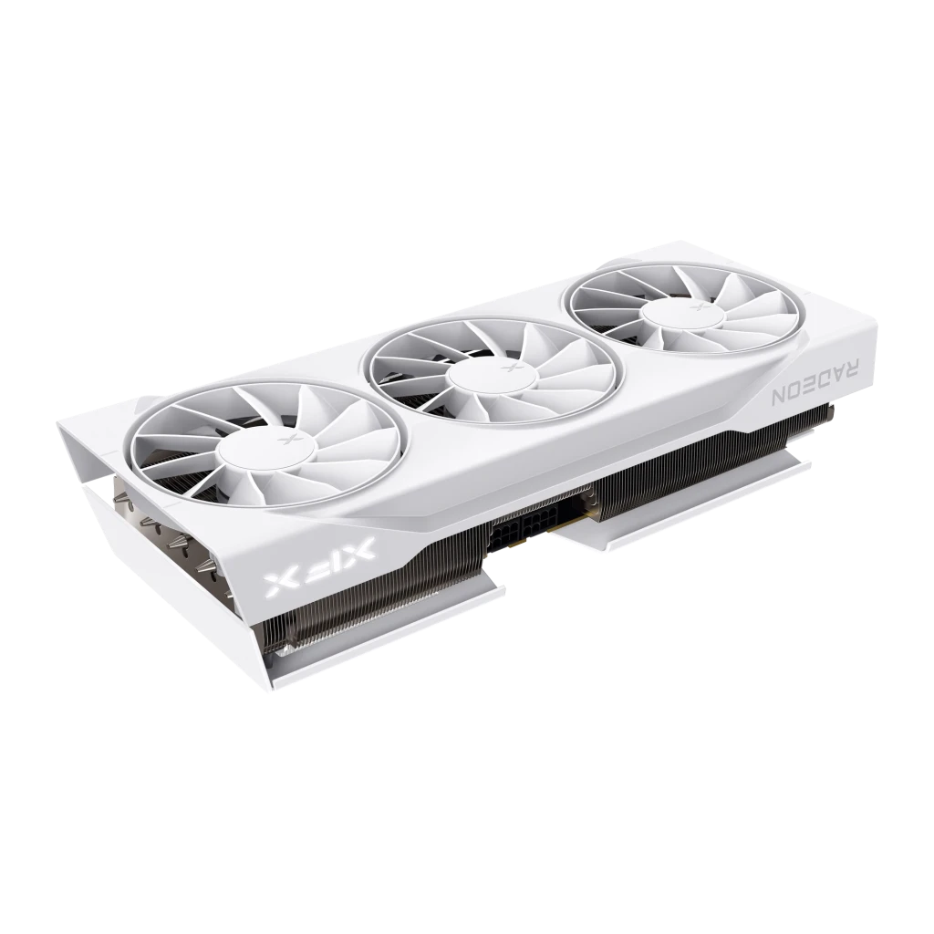 XFX Swift Radeon RX 9070 XT 16GB blanco, vista frontal: tres ventiladores con logo X y conector PCIe dorado - Ítem2