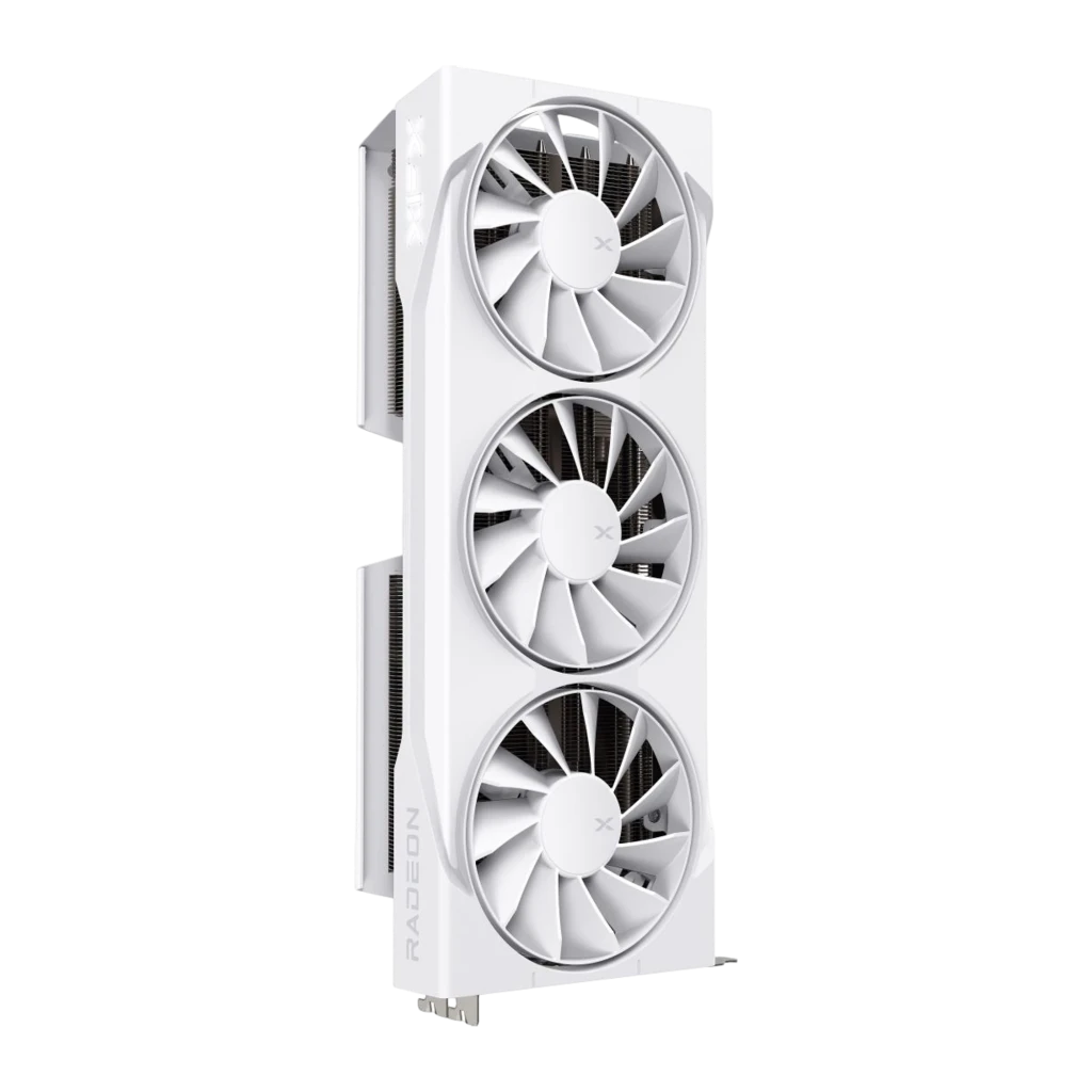 XFX Swift Radeon RX 9070 XT 16GB blanco, vista frontal: tres ventiladores con logo X y conector PCIe dorado - Ítem3