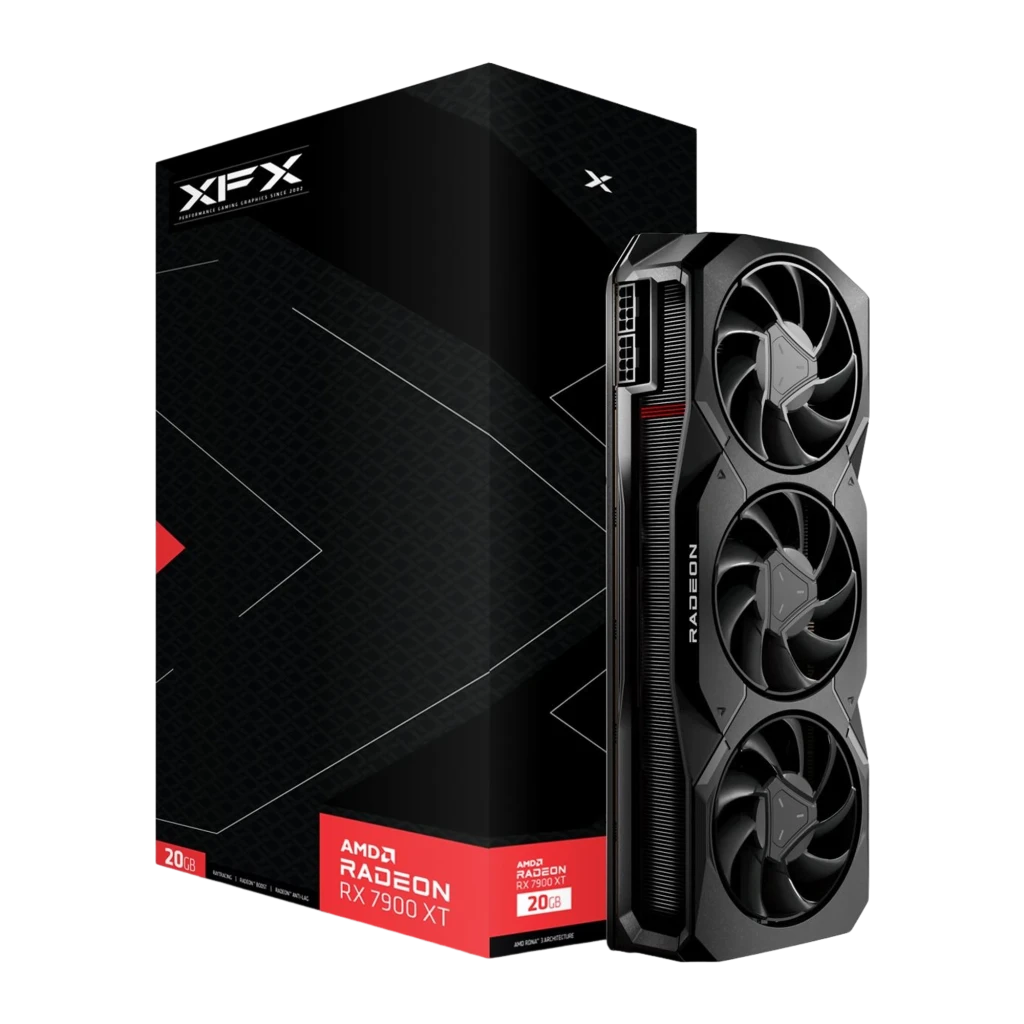 Tarjeta gráfica XFX Radeon RX 7900 XT MBA Gaming 20GB GDDR6 con triple ventilador, diseño negro con acentos rojos, chasis robusto y backplate metálico - Ítem5