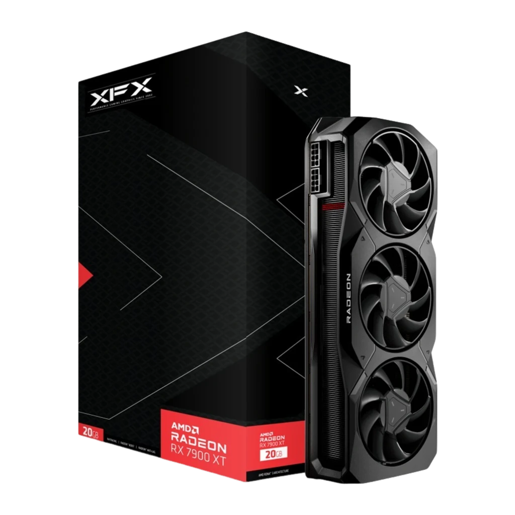Tarjeta gráfica XFX Radeon RX 7900 XT MBA Gaming 20GB GDDR6 con triple ventilador, diseño negro con acentos rojos, chasis robusto y backplate metálico - Ítem6
