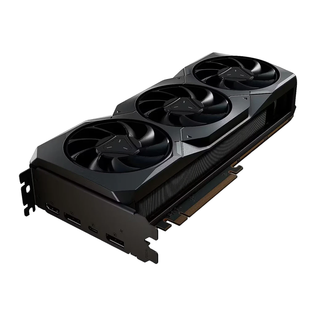 Tarjeta gráfica XFX Radeon RX 7900 XT MBA Gaming 20GB GDDR6 con triple ventilador, diseño negro con acentos rojos, chasis robusto y backplate metálico - Ítem3
