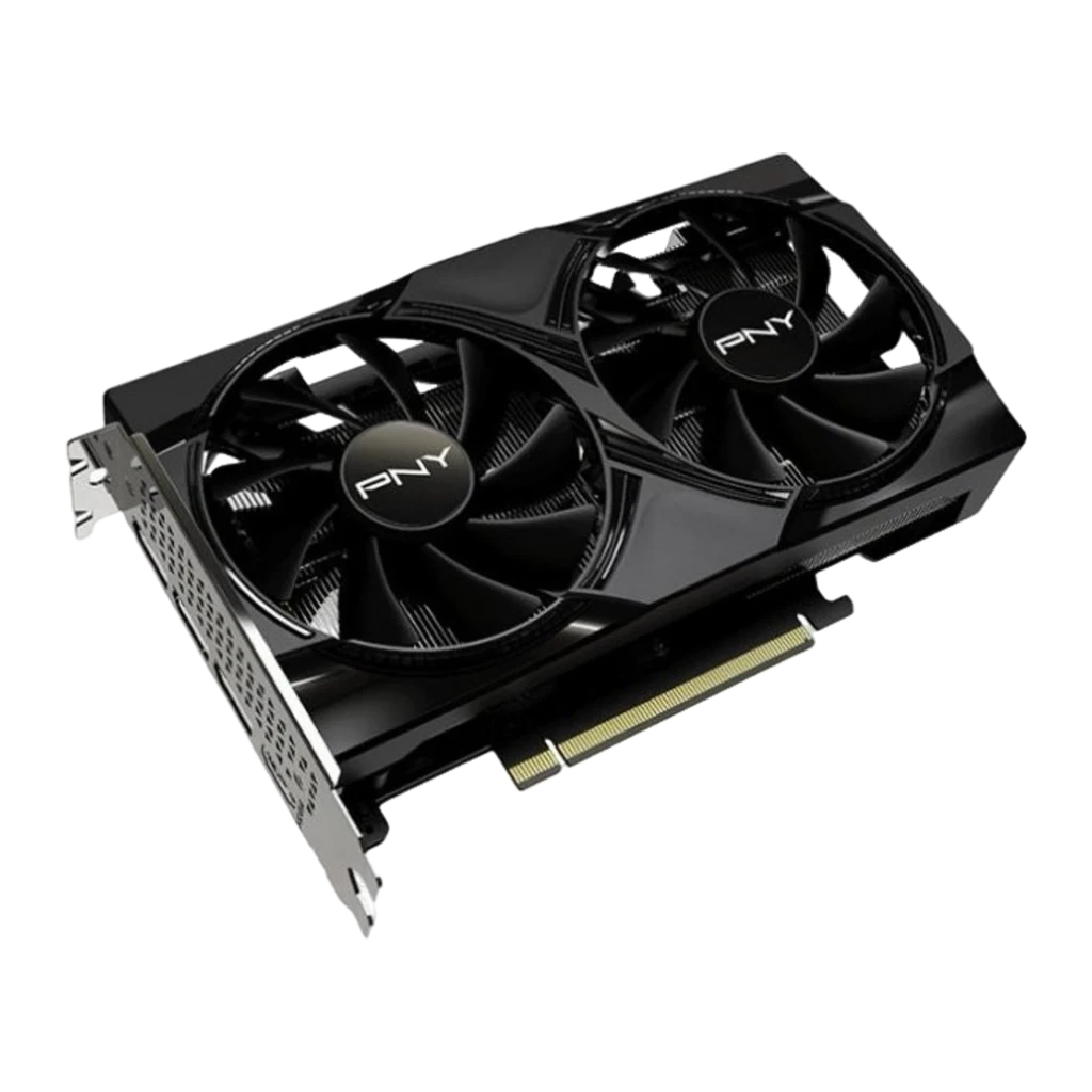 PNY GeForce RTX 5050 8GB GDDR6 negro, vista frontal: dos ventiladores con logo PNY y conector PCIe dorado - Ítem1