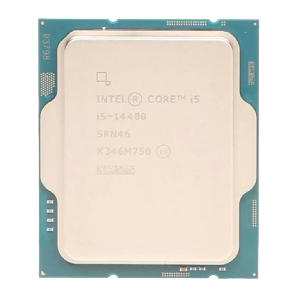 Procesador Intel Core i5-14400 LGA1700 en formato tray, encapsulado plateado con sustrato verde y pines ocultos, serigrafiado i5-14400 frontal