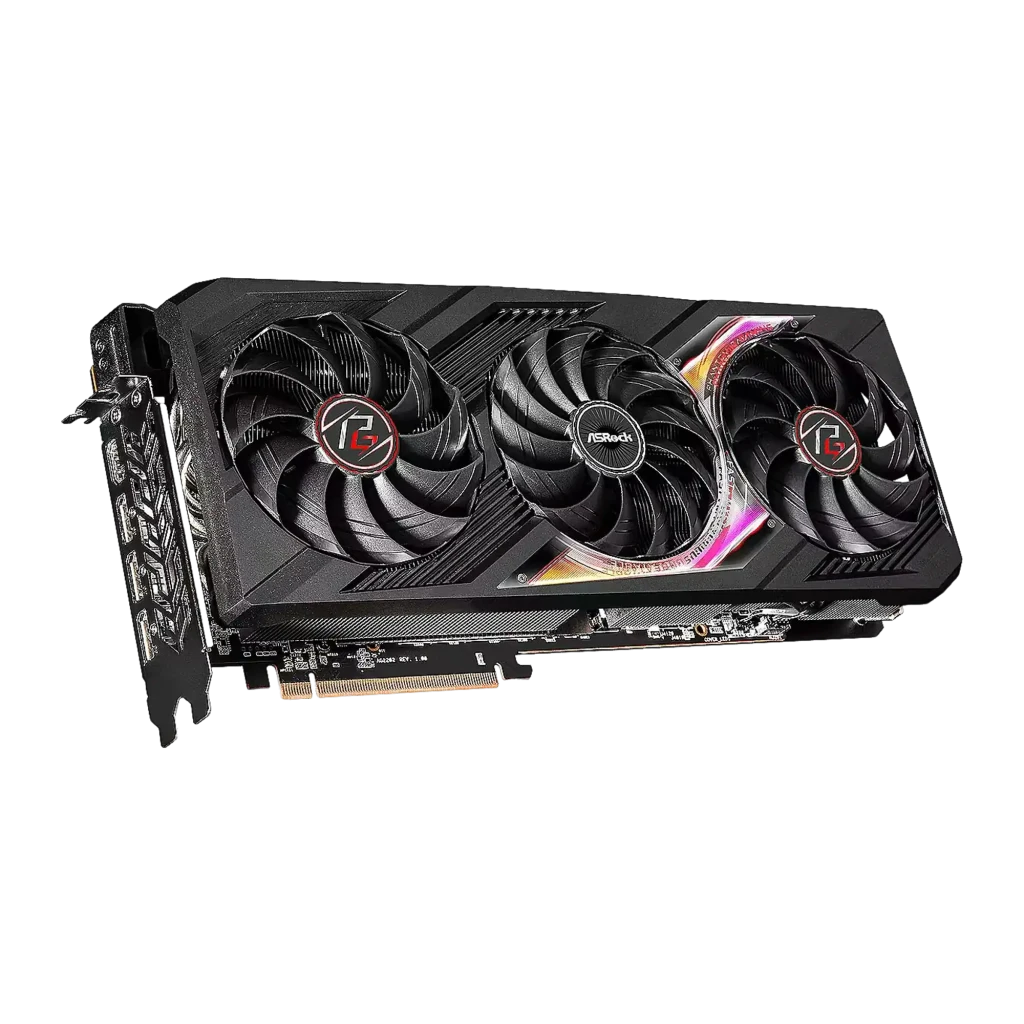 ASRock Phantom Gaming Radeon RX 7900 XTX 24GB preta, vista frontal em ângulo: três ventoinhas com logo PG e faixa RGB lateral - Item1