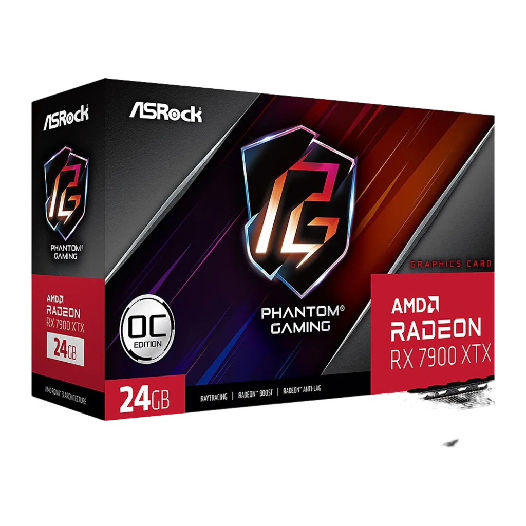 ASRock Phantom Gaming Radeon RX 7900 XTX 24GB preta, vista frontal em ângulo: três ventoinhas com logo PG e faixa RGB lateral - Item2