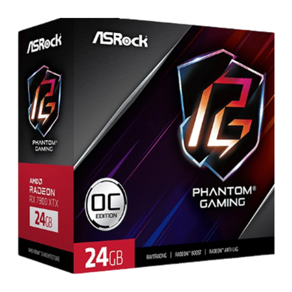 ASRock Phantom Gaming Radeon RX 7900 XTX 24GB preta, vista frontal em ângulo: três ventoinhas com logo PG e faixa RGB lateral - Item3