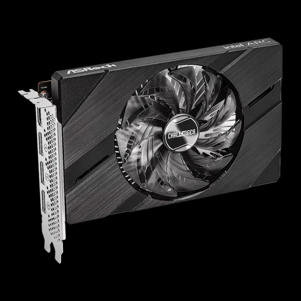 ASRock Intel Arc A380 Challenger ITX OC 6GB noir, vue de face en angle: ventilateur unique avec logo Challenger et shroud