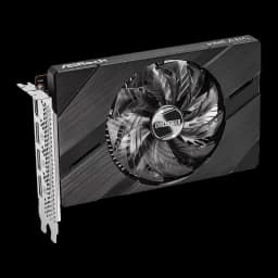ASRock Intel Arc A380 Challenger ITX OC 6GB noir, vue de face en angle: ventilateur unique avec logo Challenger et shroud
