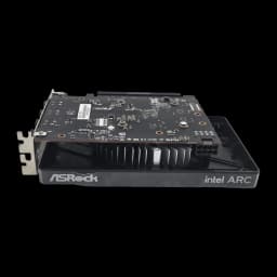 ASRock Intel Arc A380 Challenger ITX OC 6GB noir, vue latérale inférieure: PCB exposé, dissipateur et connecteur