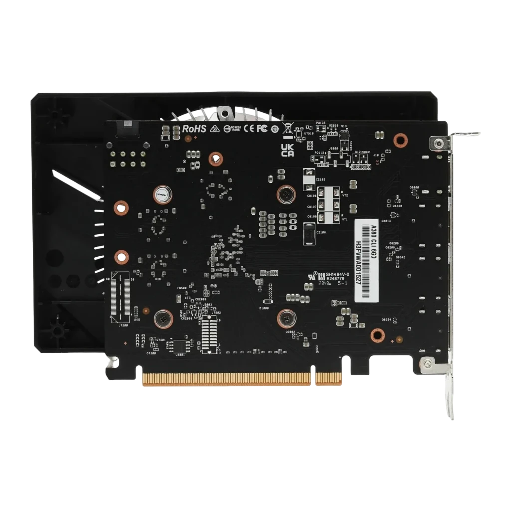ASRock Intel Arc A380 Challenger ITX OC 6GB noir, vue de face en angle: ventilateur unique avec logo Challenger et shroud - Ítem2