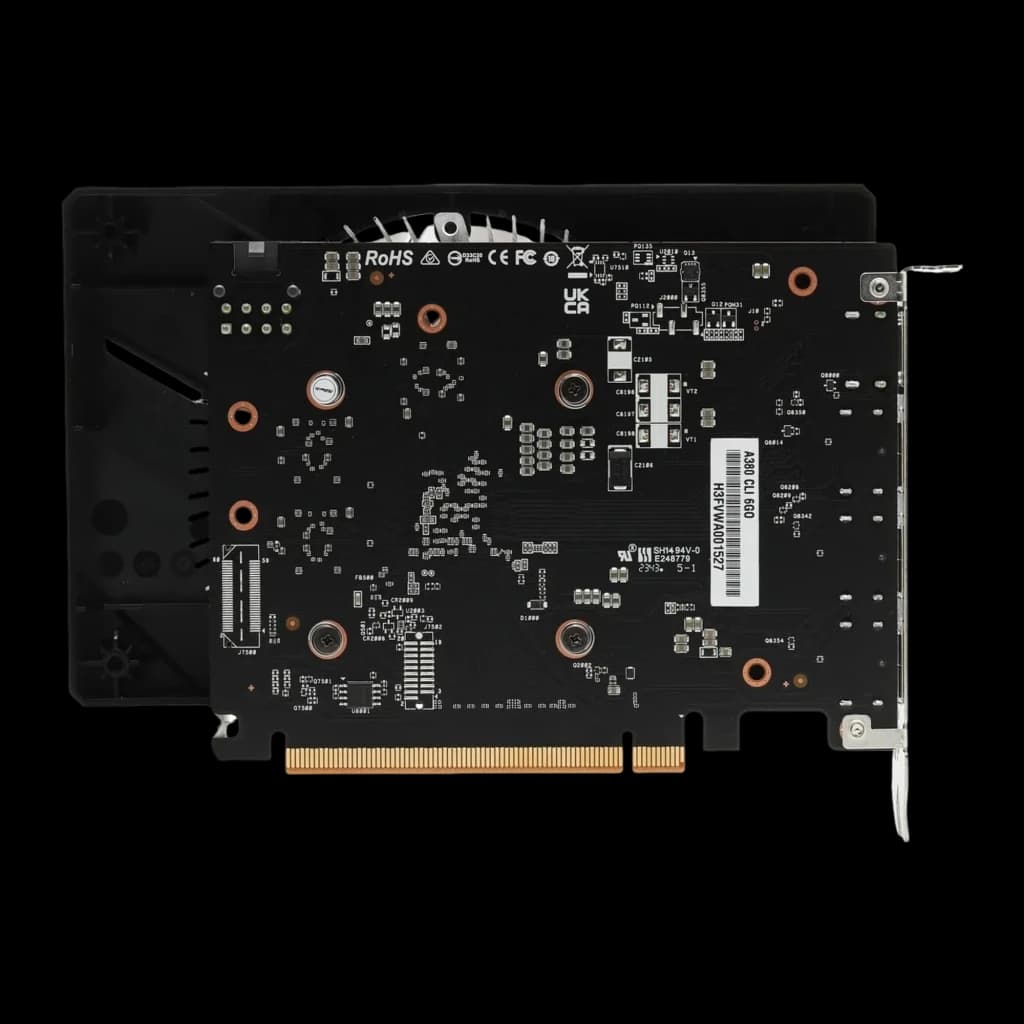 ASRock Intel Arc A380 Challenger ITX OC 6GB noir, vue arrière: PCB complet avec composants, connecteur PCIe doré et équerre