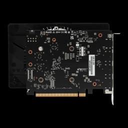 ASRock Intel Arc A380 Challenger ITX OC 6GB noir, vue arrière: PCB complet avec composants, connecteur PCIe doré et équerre