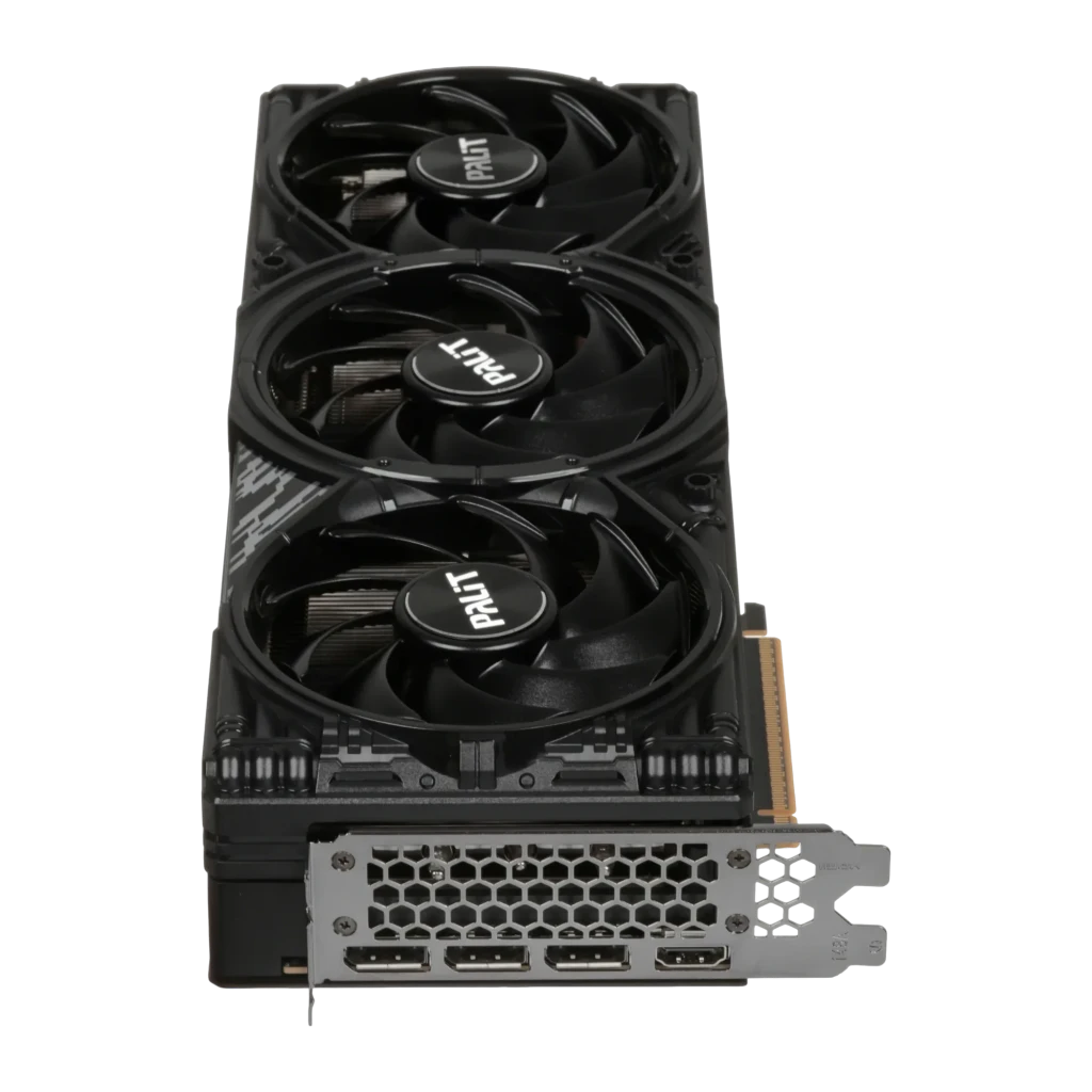 Palit RTX 5070 Ti GamingPro-S OC 16GB preto, vista frontal: três ventoinhas com logo Palit e conector PCIe dourado - Item4