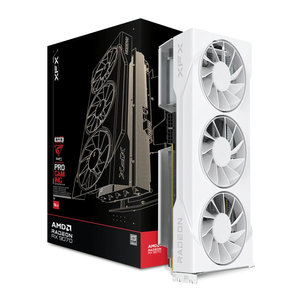 XFX Radeon RX 9070 Swift Triple Fan OC 16GB branca, vista frontal: três ventoinhas com logo X e conector PCIe dourado - Item6