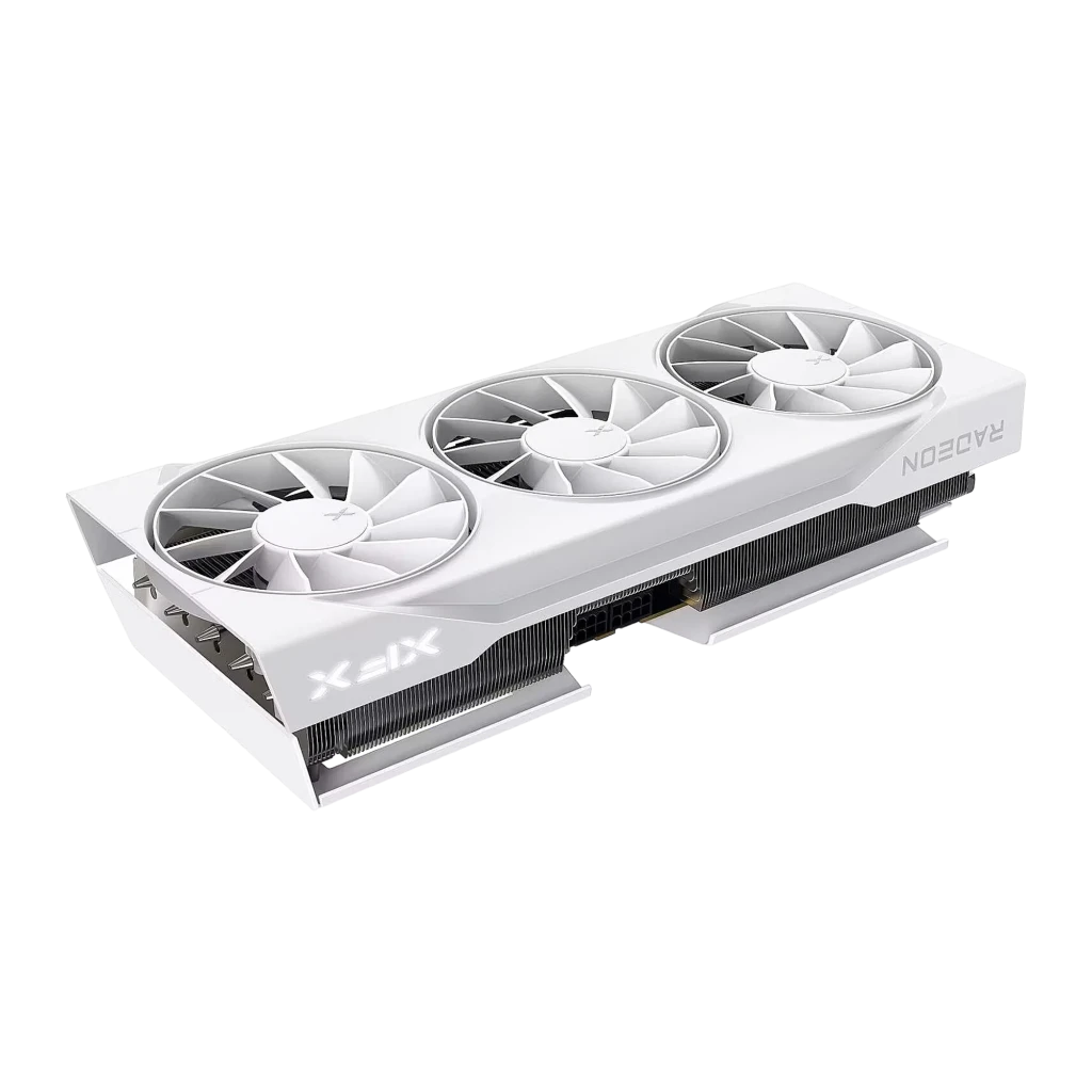 XFX Radeon RX 9070 Swift Triple Fan OC 16GB branca, vista frontal: três ventoinhas com logo X e conector PCIe dourado - Item1