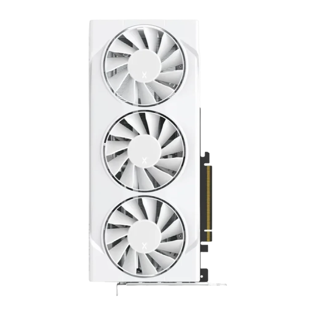 XFX Radeon RX 9070 Swift Triple Fan OC 16GB branca, vista frontal: três ventoinhas com logo X e conector PCIe dourado - Item2