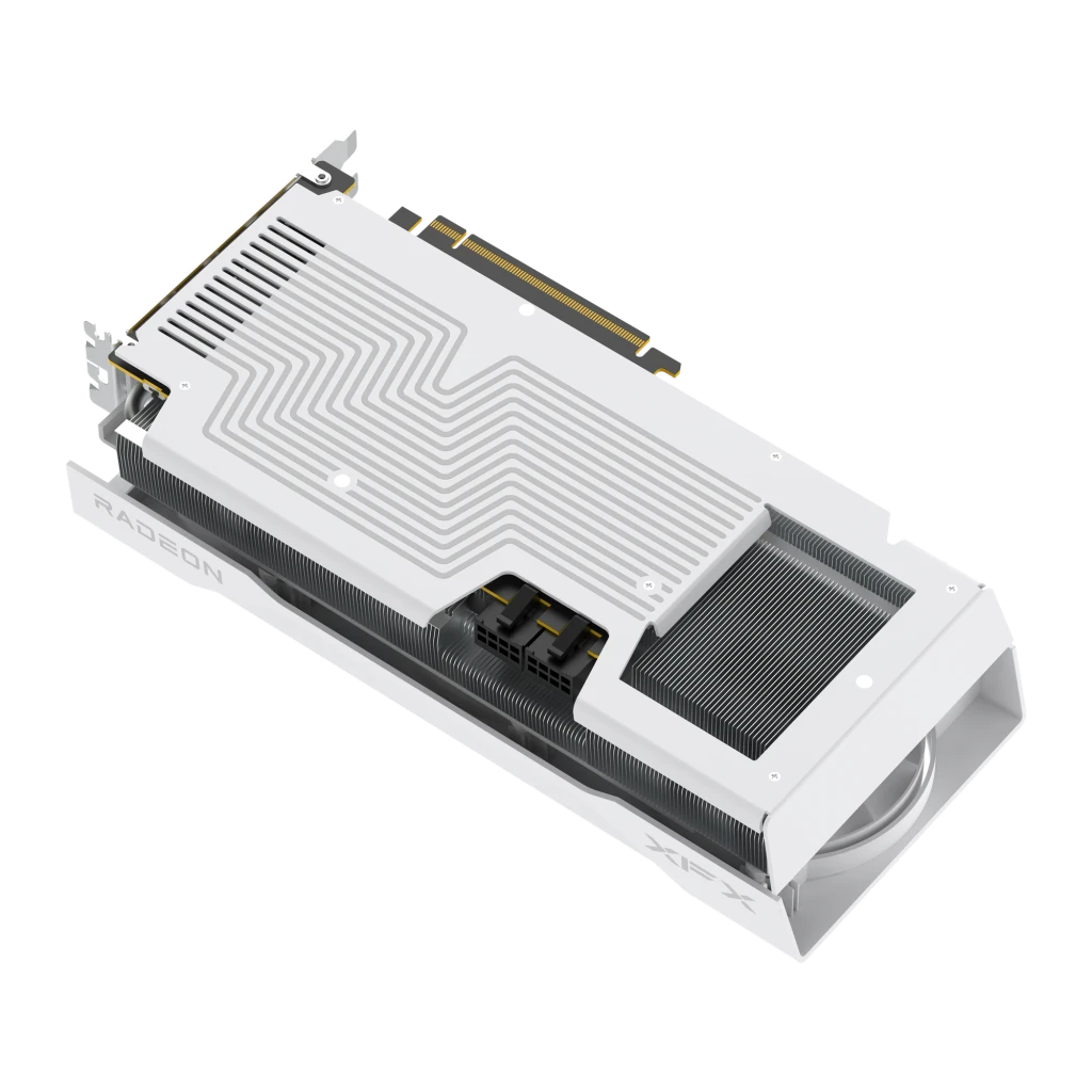 XFX Radeon RX 9070 Swift Triple Fan OC 16GB branca, vista frontal: três ventoinhas com logo X e conector PCIe dourado - Item3