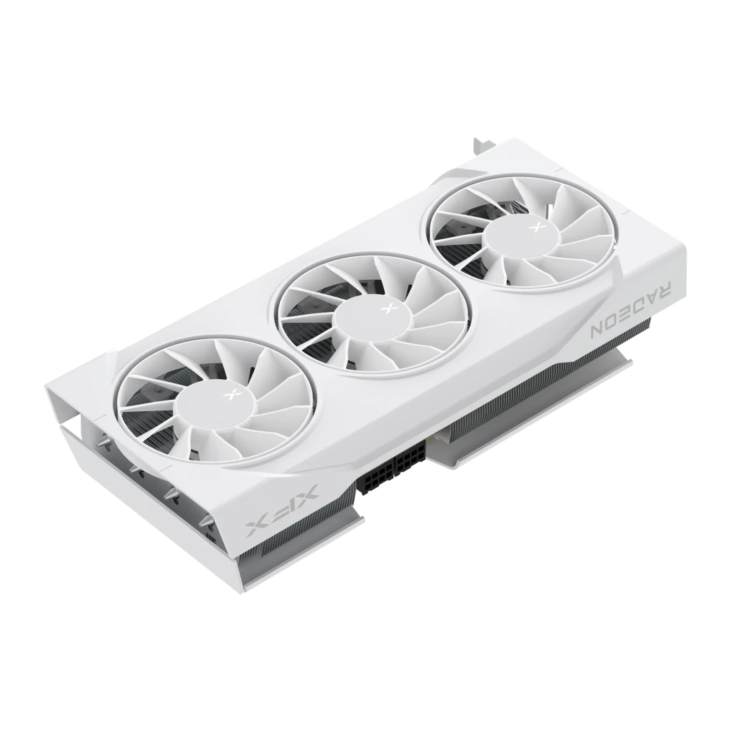 XFX Radeon RX 9070 Swift Triple Fan OC 16GB branca, vista frontal: três ventoinhas com logo X e conector PCIe dourado - Item5