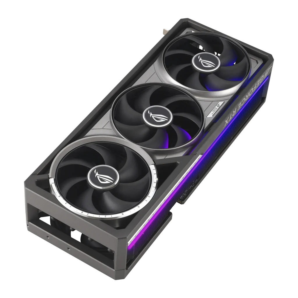 ASUS ROG Astral RTX 5080 OC 16GB, vista frontal en perspectiva: tres ventiladores ROG, iluminación RGB púrpura en el borde - Ítem1