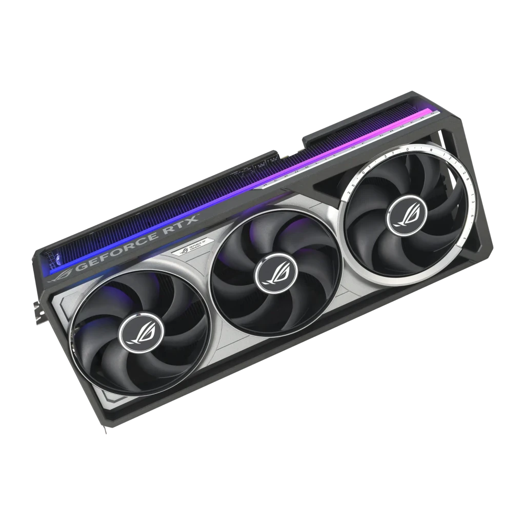 ASUS ROG Astral RTX 5080 OC 16GB, vista frontal en perspectiva: tres ventiladores ROG, iluminación RGB púrpura en el borde - Ítem2