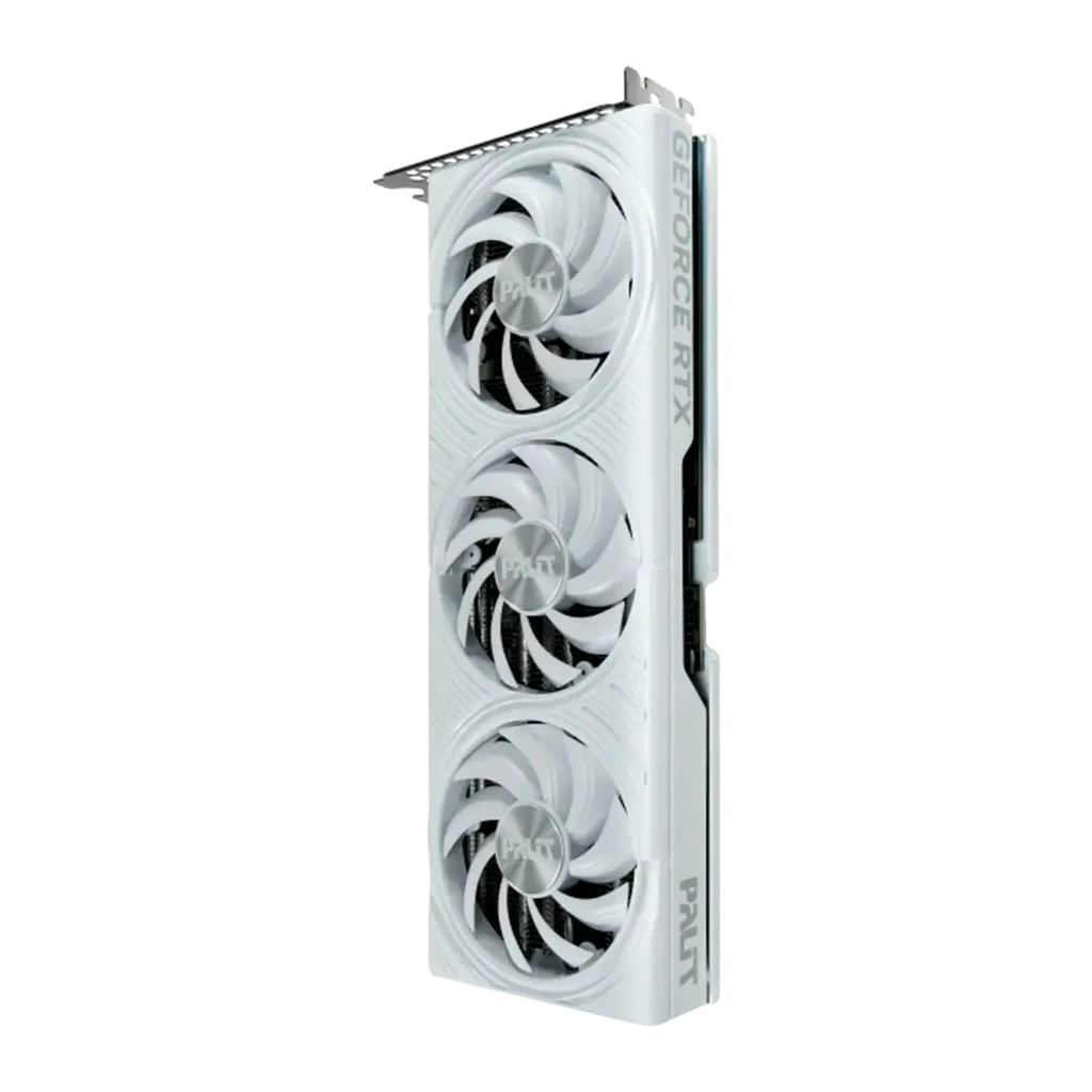 Palit GeForce RTX 5070 White OC 12GB blanco, vista frontal: tres ventiladores con aspas curvas y logo Palit, conector PCIe - Ítem3