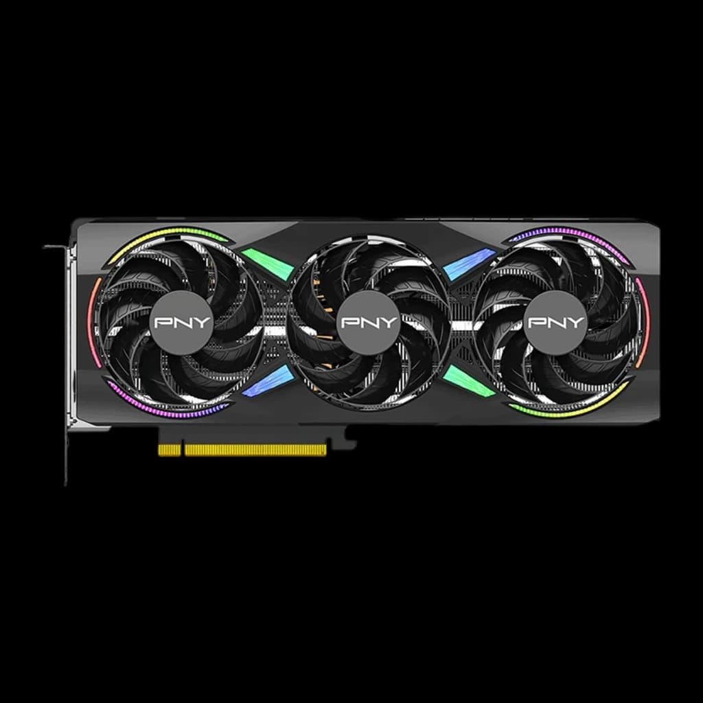 PNY GeForce RTX 5070 Ti ARGB Epic-X RGB OC noir, vue de face: trois ventilateurs avec logo PNY et anneaux RGB multicolores