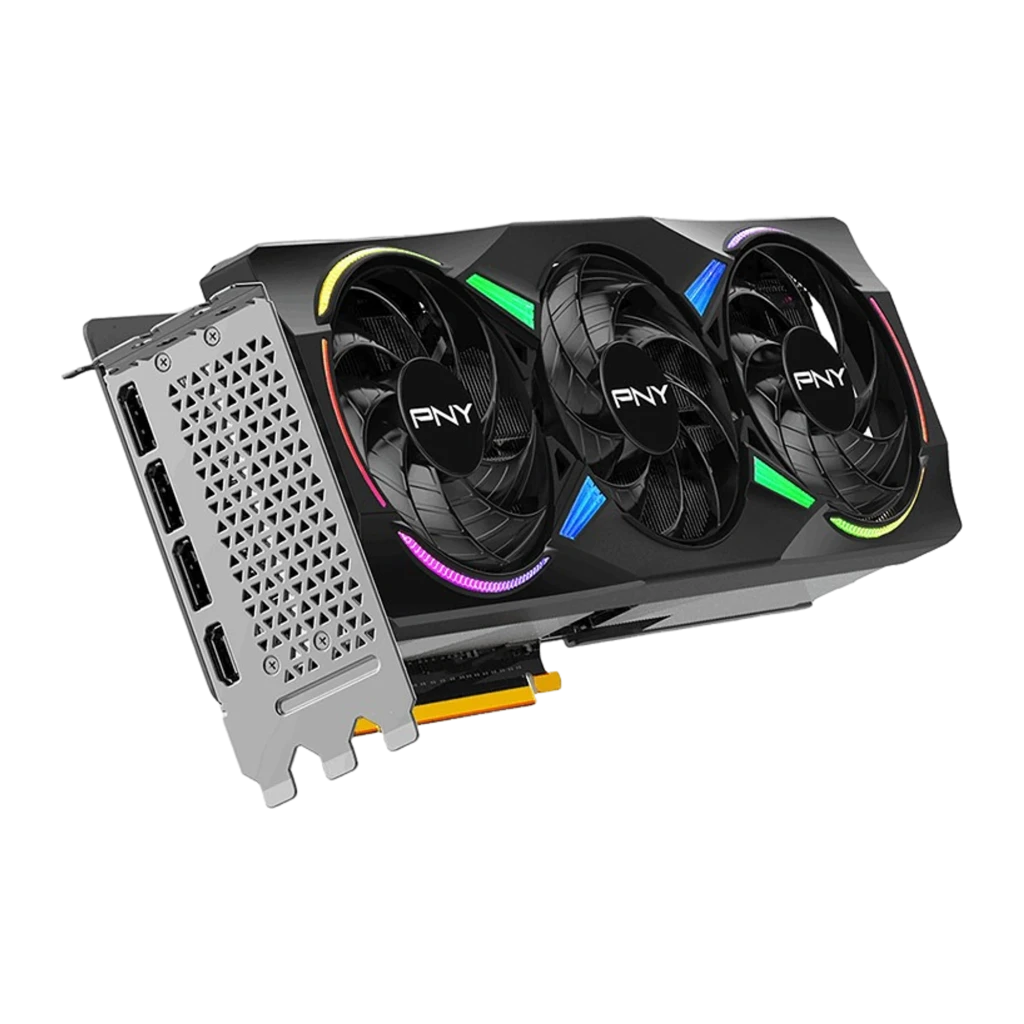PNY GeForce RTX 5070 Ti ARGB Epic-X RGB OC negra, vista frontal: tres ventiladores con logo PNY y anillos RGB multicolor - Ítem1