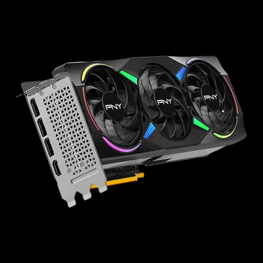 PNY GeForce RTX 5070 Ti ARGB Epic-X RGB OC noir, vue angulaire avant-côté: équerre avec ports DisplayPort et HDMI visibles