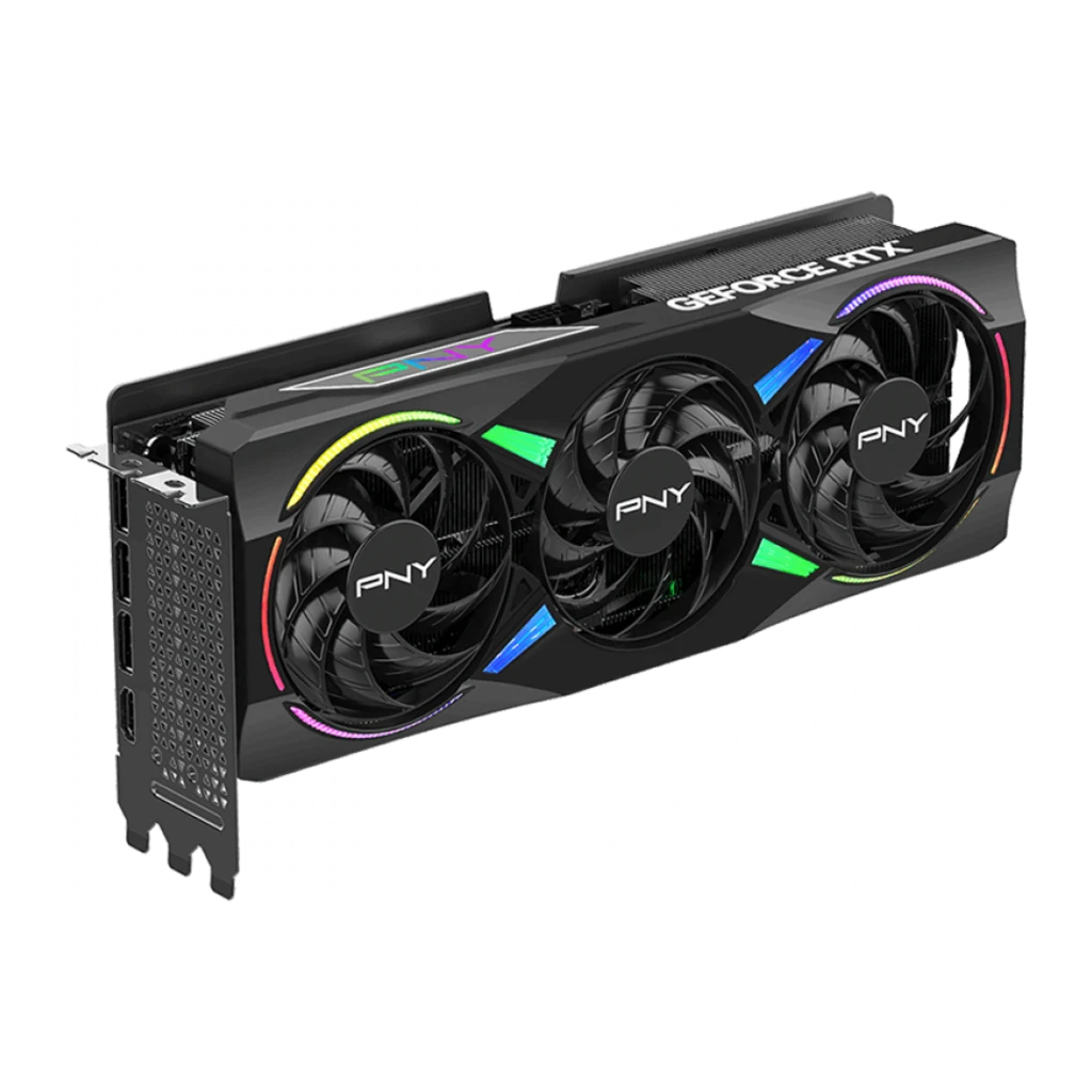 PNY GeForce RTX 5070 Ti ARGB Epic-X RGB OC negra, vista frontal: tres ventiladores con logo PNY y anillos RGB multicolor - Ítem2