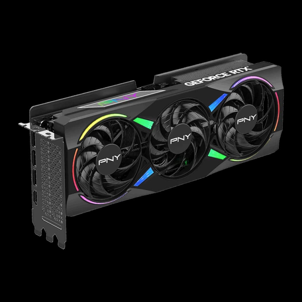 PNY GeForce RTX 5070 Ti ARGB Epic-X RGB OC noir, vue angulaire supérieure: backplate avec texte GeForce RTX et connecteur